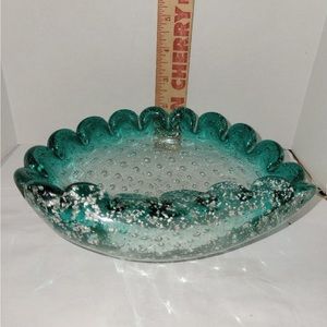 Vintage Italian Murano Salviati art glass Bowl teal blue with silver inclusion